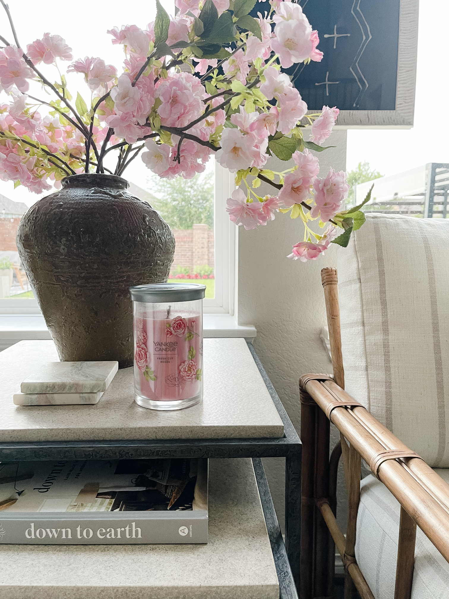 spring candle and rustic vase