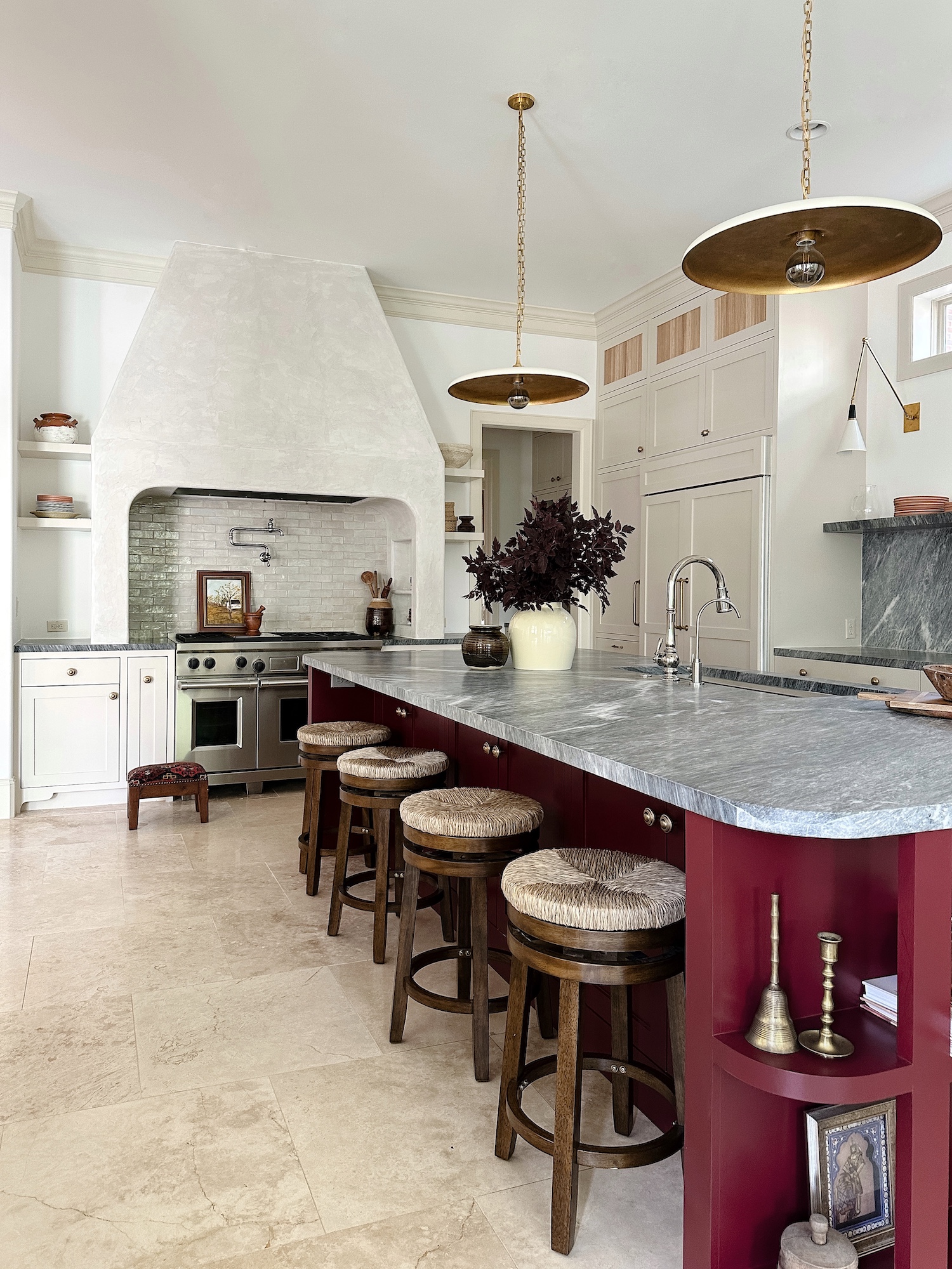 ​Red Kitchen Island with Taj Mahal Counters